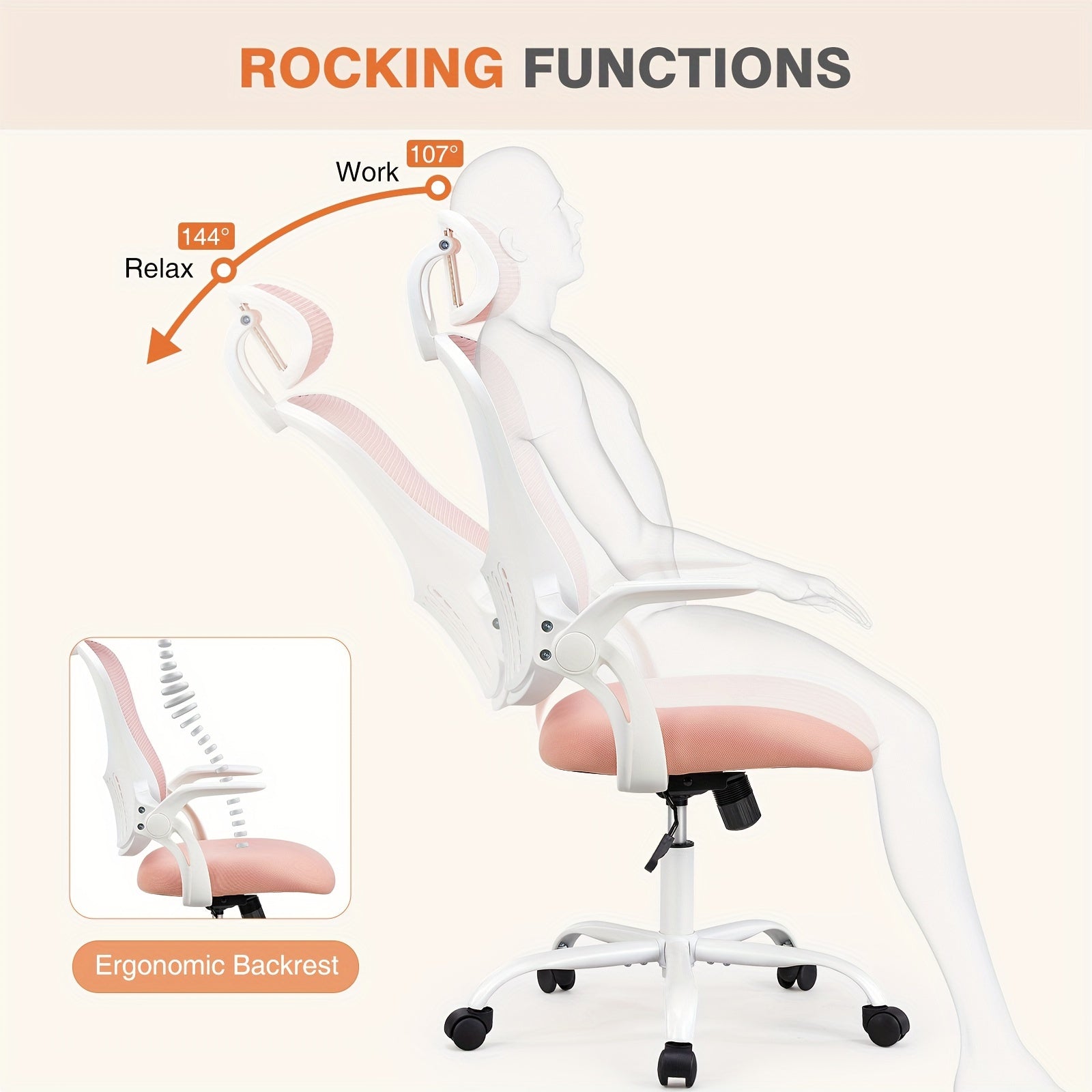 Ergonomic Office Desk Computer Chair, High Back Comfy Swivel Home Gaming Mesh Chairs With Wheels, Adjustable Headrest, Comfortable Lumbar Support, Flip-up Arms, 144° Tilt For Study