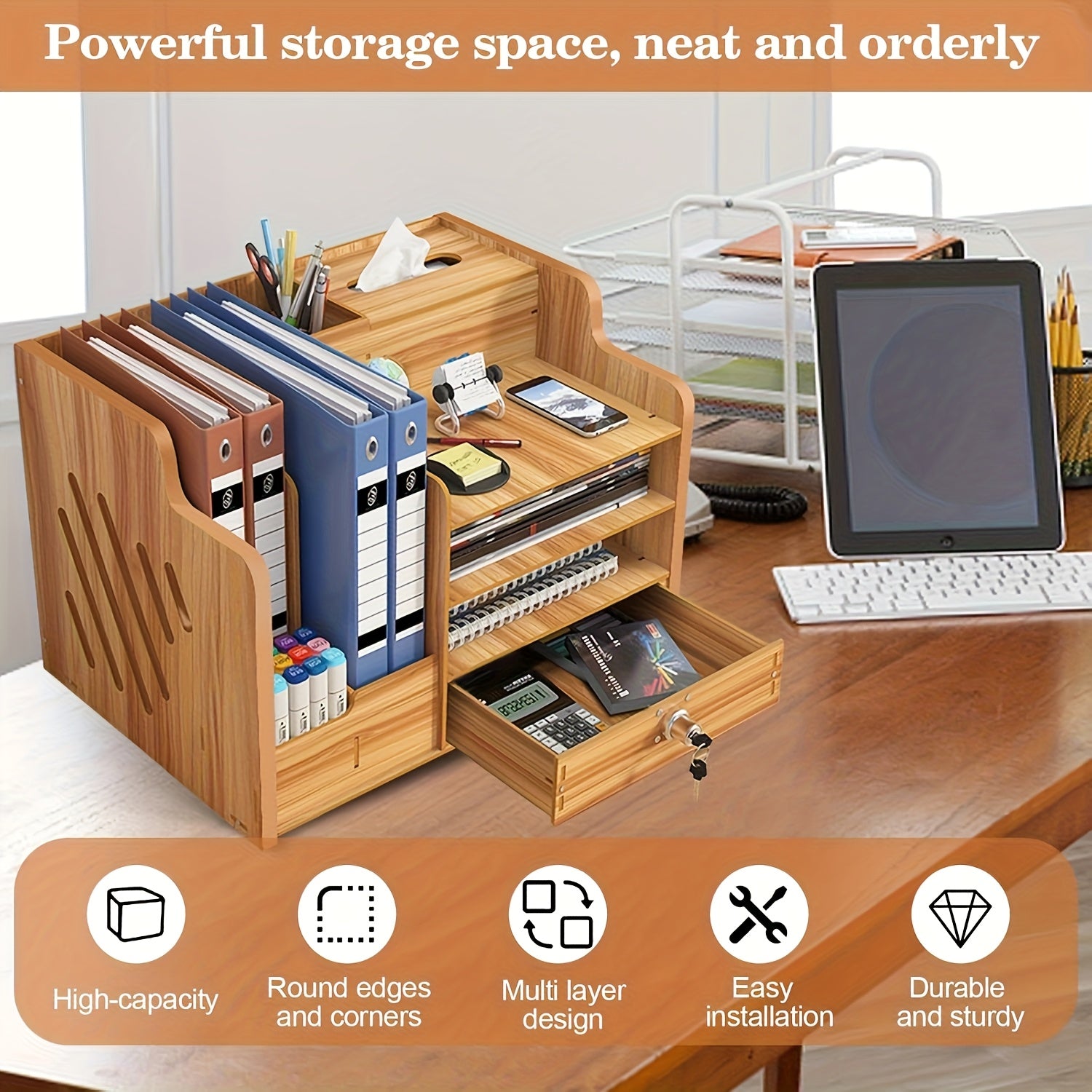 Office Paper Organizer for Desk, Wooden File Holder, Office Desk Organizer, Stackable Paper Trays for Home, Office, School