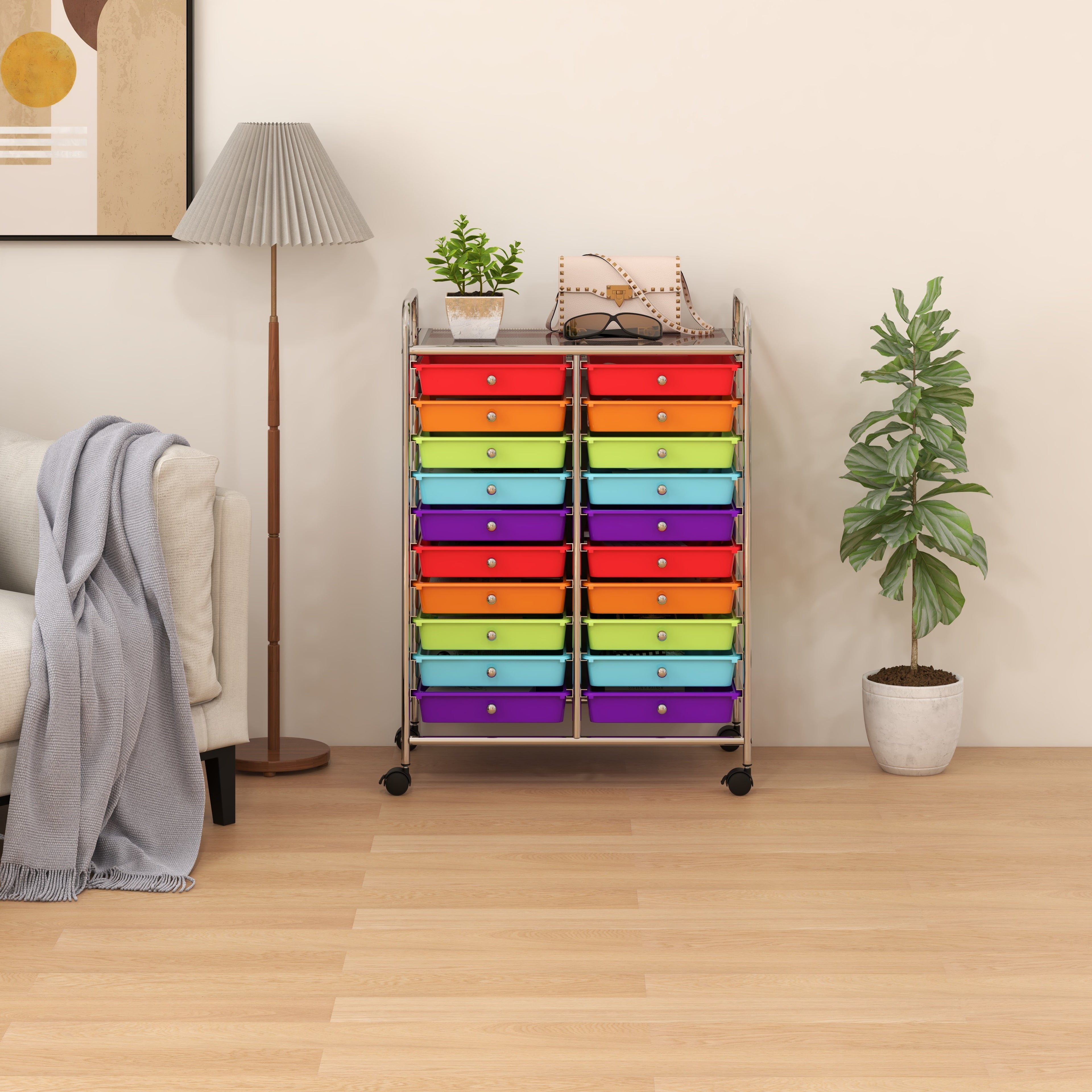 20-Drawer Mobile Storage Cart with Lockable Wheels, Multifunctional Craft Organizer for Tools, Scrapbooks Supplies & Paper, for Home Office, Colorful\u002F Purple\u002F Gradient Green, Desk & Drawer Organizer for Home Storage