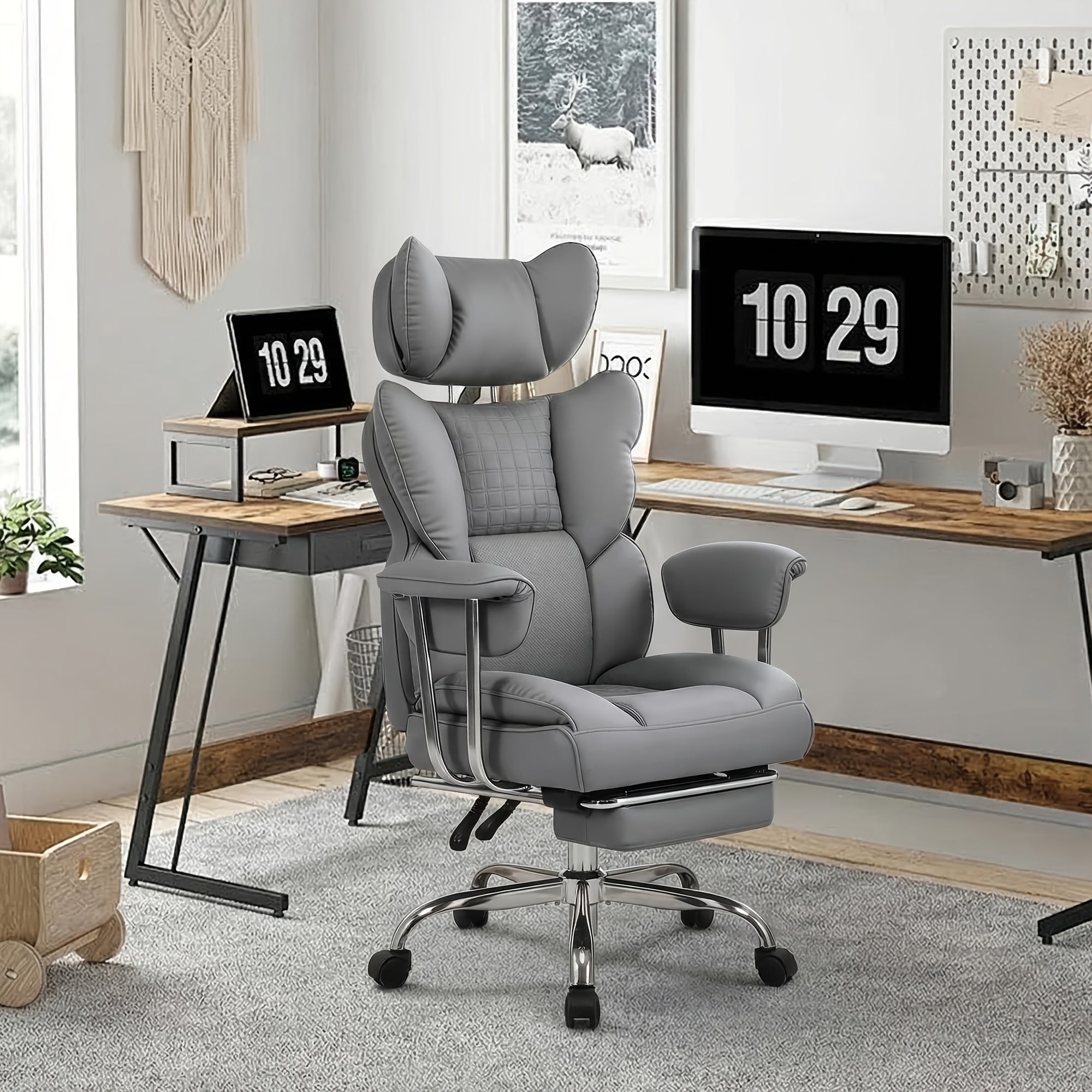 Big & Tall Executive Office Chair, 350 LBS Capacity, Scratch Resistant PU Leather Desk Chair with Foldable Footrest, Ergonomic Reclining Computer Chair, Pocket Spring Cushion Support for Home Office