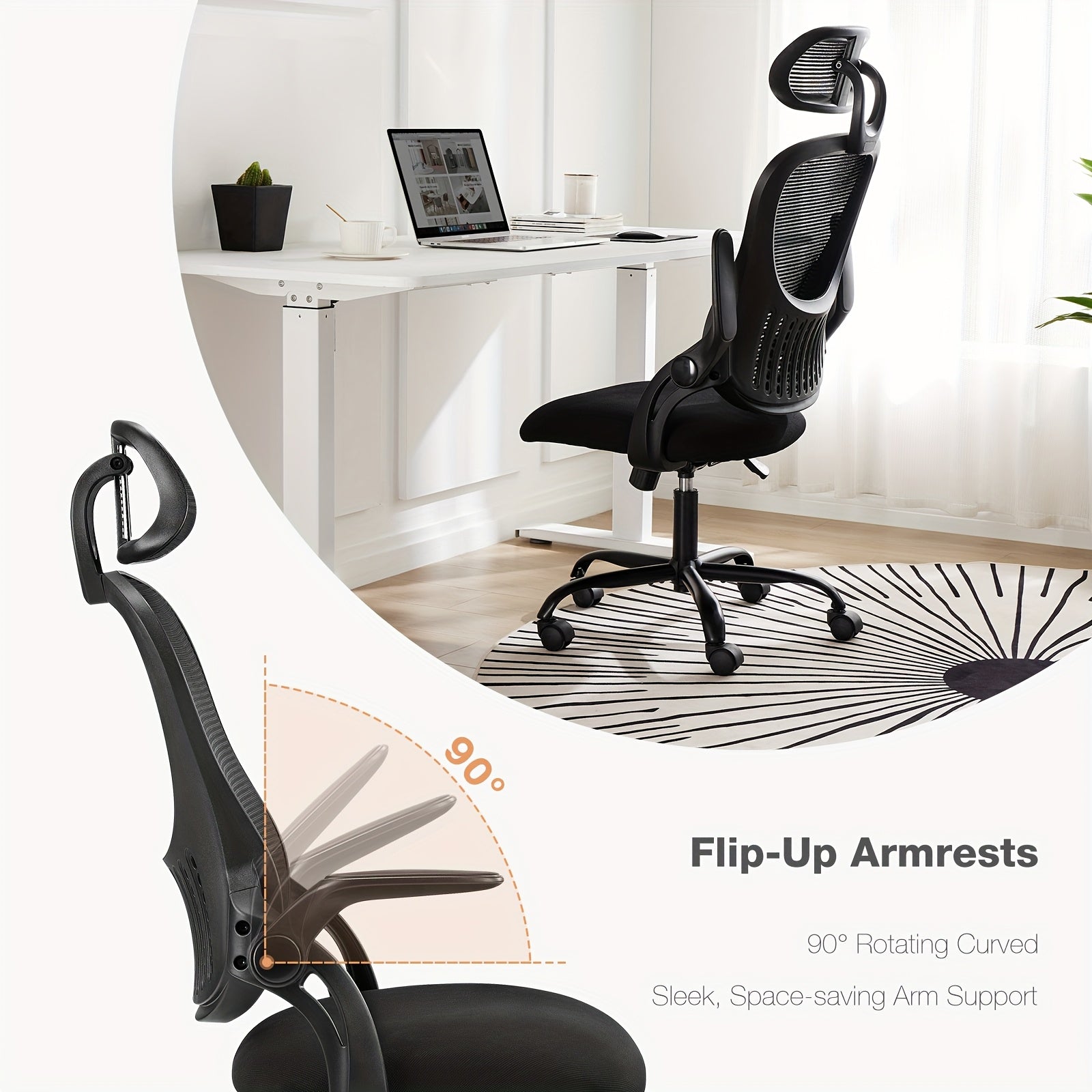 Ergonomic Office Desk Computer Chair, High Back Comfy Swivel Home Gaming Mesh Chairs With Wheels, Adjustable Headrest, Comfortable Lumbar Support, Flip-up Arms, 144° Tilt For Study