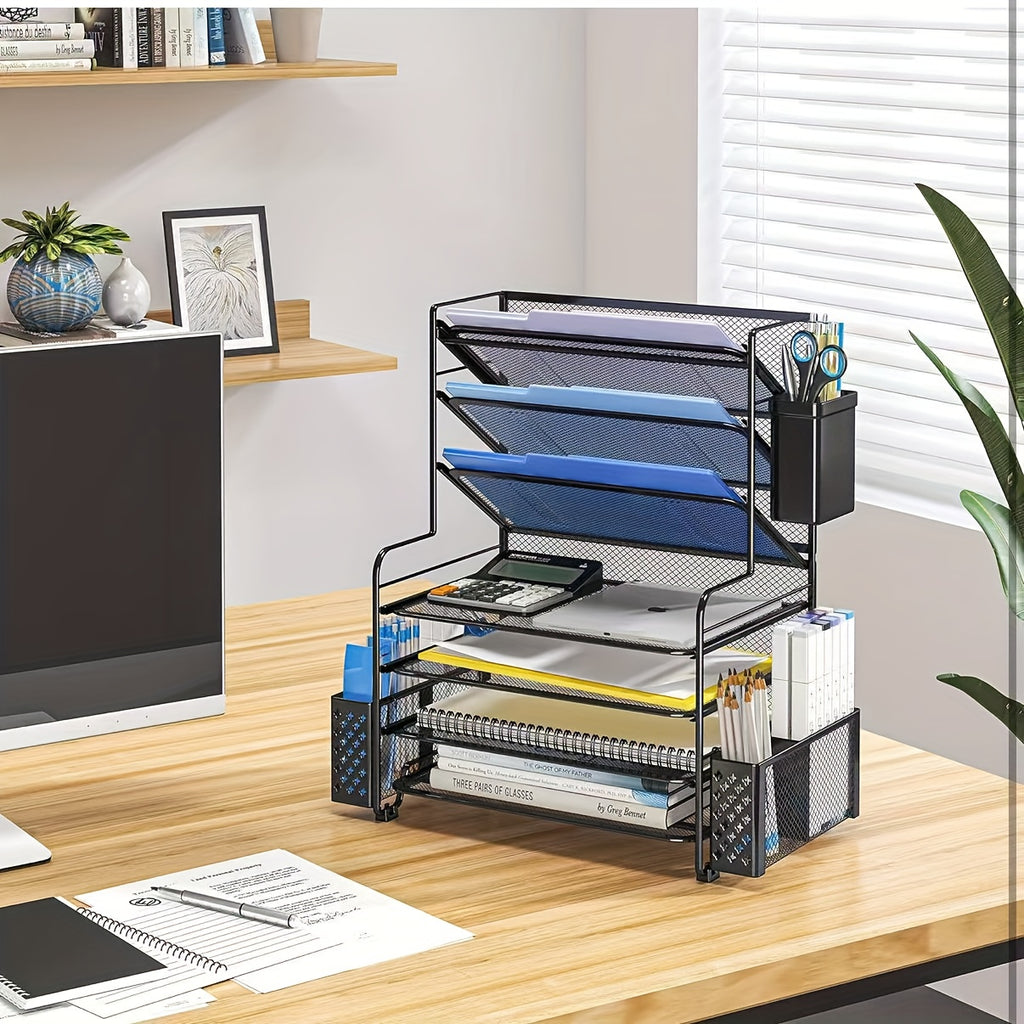 7-Tier Desk File Organizer, HOMEBETTER Document Rack, Letter Tray Paper Organizer with Pen Holder And Metal Hanging Basket
