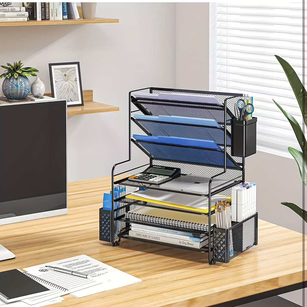 7-Tier Desk File Organizer, HOMEBETTER Document Rack, Letter Tray Paper Organizer with Pen Holder And Metal Hanging Basket