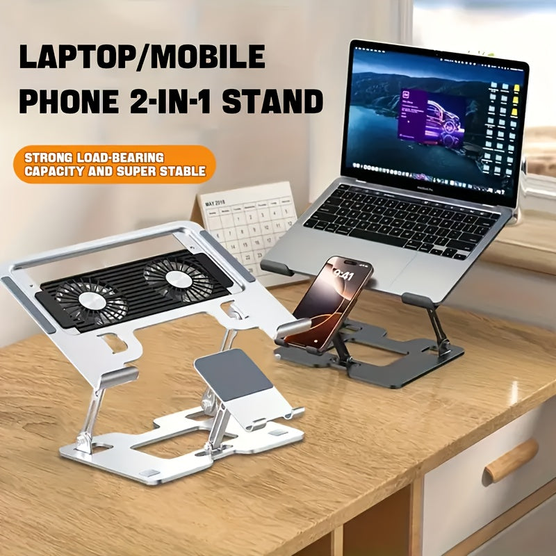 1 Mobile Phone Laptop Holder 2in 1 Heightening Vertical Heat Dissipation Folding Office Liftable Carbon Steel Bracket, Ergonomic Adjustable Folding Desktop Laptop Holder with Semiconductor Cooling Fan - Heavy Duty Carbon Steel 2in 1 Lifter and Mobile