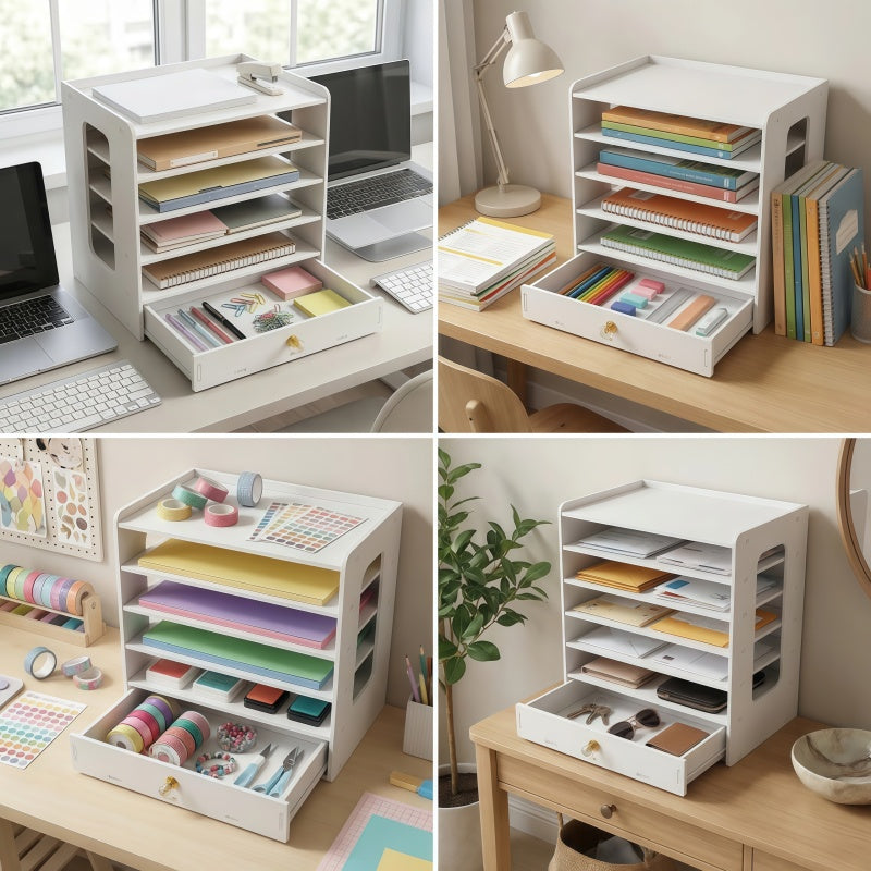 White Card File Storage Box And – Adjustable Dividers And Stackable Trays. Essential File Organizer for Office And Home, Doubles As Desktop Mail Sorter. Ideal for Use in Offices, Home Study, And Dormitories