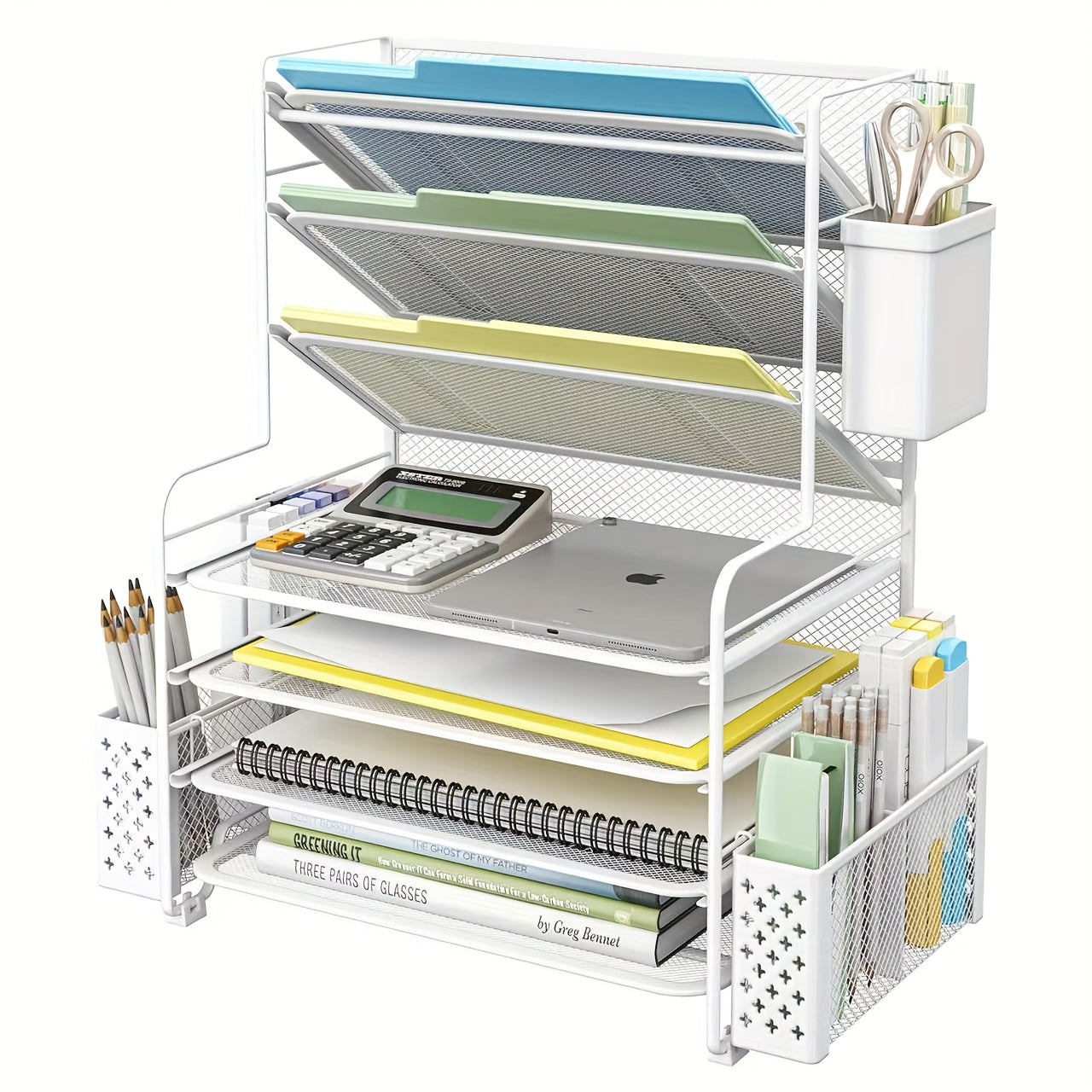 7-Tier Desk File Organizer, HOMEBETTER Document Rack, Letter Tray Paper Organizer with Pen Holder And Metal Hanging Basket