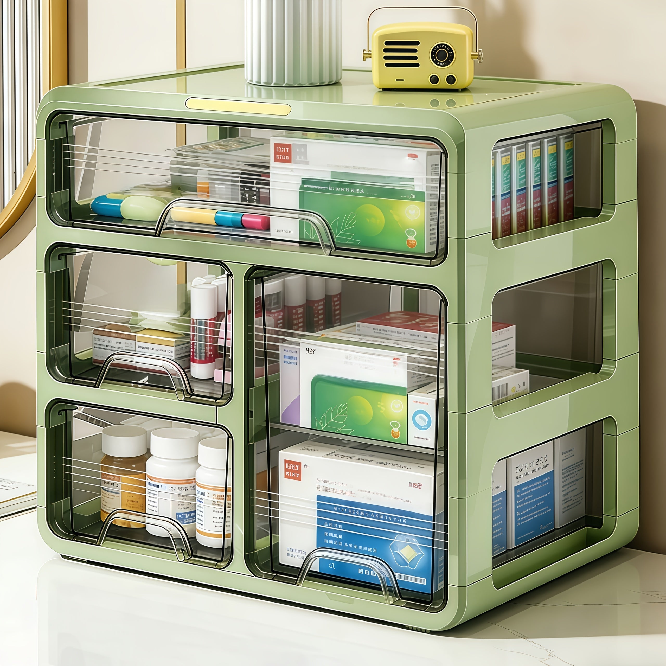 2\u002F3\u002F4-Tier Stackable Desktop Storage Organizer with Drawers, Detachable Desktop Drawer Rack with Adjustable Dividers, Offic Storage Drawer Units with Handles for Stationery, Medicine, Crafts, Cosmetics - Avocado Green, Storage Drawer Units