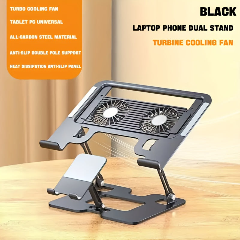 1 Mobile Phone Laptop Holder 2in 1 Heightening Vertical Heat Dissipation Folding Office Liftable Carbon Steel Bracket, Ergonomic Adjustable Folding Desktop Laptop Holder with Semiconductor Cooling Fan - Heavy Duty Carbon Steel 2in 1 Lifter and Mobile