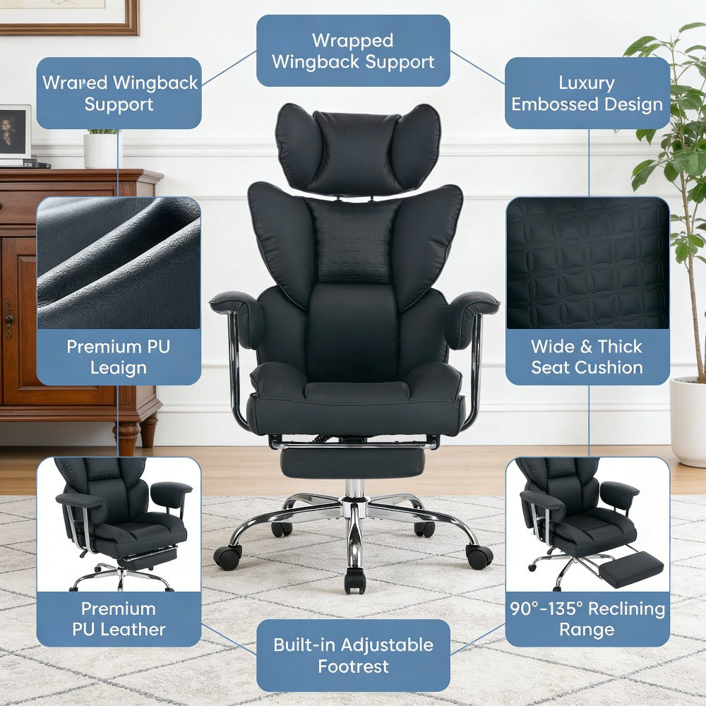 Big & Tall Executive Office Chair, 350 LBS Capacity, Scratch Resistant PU Leather Desk Chair with Foldable Footrest, Ergonomic Reclining Computer Chair, Pocket Spring Cushion Support for Home Office