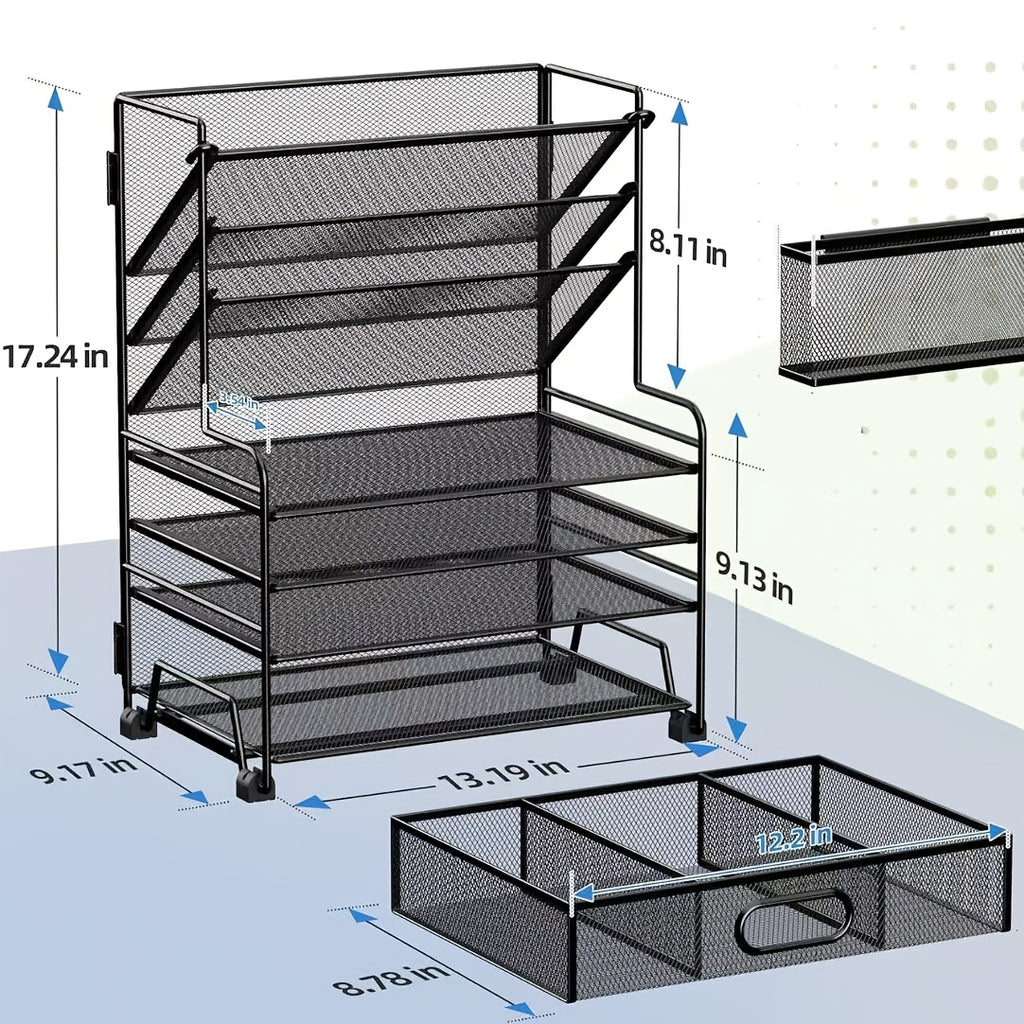 7-Tier Desk File Organizer, HOMEBETTER Document Rack, Letter Tray Paper Organizer with Pen Holder And Metal Hanging Basket