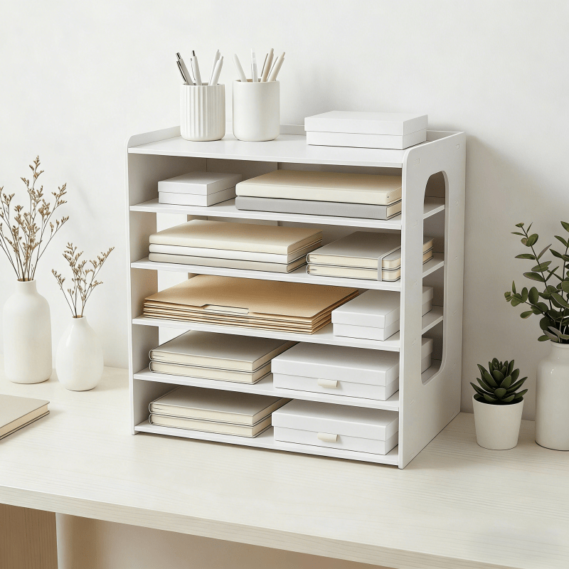 White Card File Storage Box And – Adjustable Dividers And Stackable Trays. Essential File Organizer for Office And Home, Doubles As Desktop Mail Sorter. Ideal for Use in Offices, Home Study, And Dormitories
